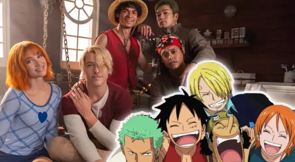 Die Schauspieler des "One Piece"-Live-Action-Films posieren fröhlich. Im Vordergrund die animierten Charaktere, im Hintergrund die Darsteller.