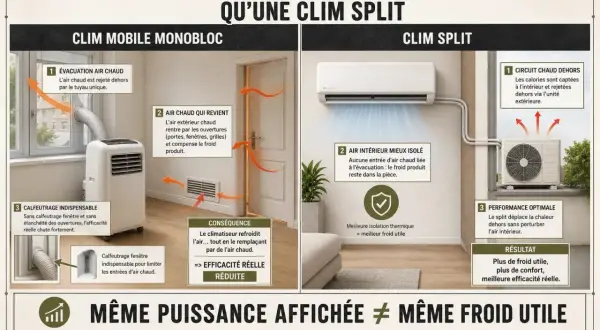 Comparaison entre clim mobile monobloc et clim split. La clim mobile rejette l'air chaud dehors, mais l'air chaud extérieur rentre par les ouvertures, réduisant son efficacité. La clim split, mieux isolée, offre un froid utile optimal.