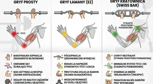 Ilustracja porównuje biomechanikę gryfów prostego, łamanego i kratownicy, pokazując ich wpływ na stawy i aktywację mięśni. Gryf kratownica jest idealny na ból barków przy wyciskaniu.