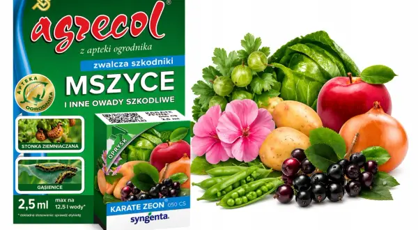 Karate Zeon 050 CS – skuteczne zwalczanie mszyc i innych szkodników. Opakowanie 2,5 ml na 12,5 l wody. Zdjęcie przedstawia warzywa i owoce.