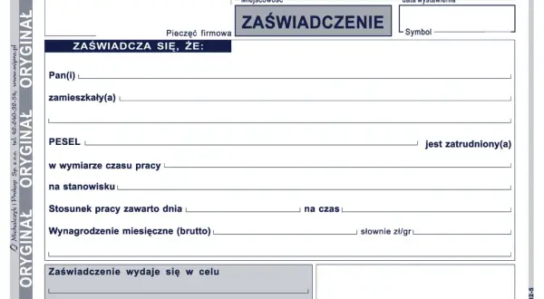 Formularz zaświadczenia o zatrudnieniu, zawierający dane pracownika, stanowisko, wynagrodzenie i cel wydania.