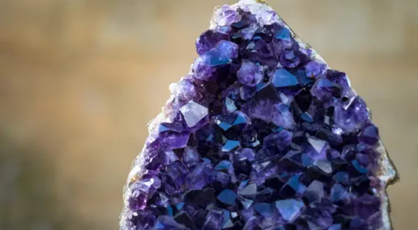 Ein glitzernder, tief violetter Amethyst-Kristall. Die lila Stein Bedeutung wird oft mit Ruhe und Klarheit assoziiert.