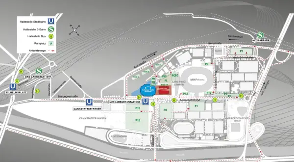 Plan für die Anreise zur Porsche Arena und Umgebung. Zeigt ÖPNV-Haltestellen, Parkplätze und Zufahrtswege.