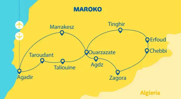 Mapa Maroka z trasą turystyczną: Agadir, Taroudant, Marrakesz, Ouarzazate, Agdz, Zagora, Tinghir, Erfoud, Chebbi. Dwa samoloty sugerują, ile się leci do Maroko.