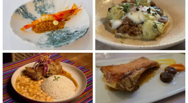 Cuatro platos exquisitos: gamba con arroz, huevo con puré verde, carne con frijoles y arroz, y costilla de cerdo. Un menú especial para el Día del Pilar.