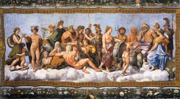 Boska rada bogów greckich, w tym Zeusa, omawia stworzenie świata według mitologii greckiej.