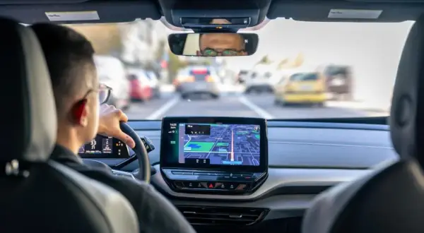 Navigazione con Android Auto Wireless su un'auto moderna. Il conducente segue il percorso sullo schermo centrale, godendosi la comodità senza fili.