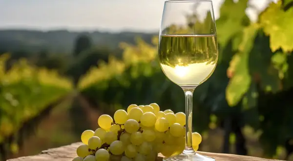 Un bicchiere di vino bianco, forse un Pecorino, accanto a un grappolo d'uva su un tavolo di legno, con un vigneto sullo sfondo.