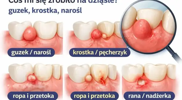 Ilustracja pokazuje różne objawy chorób jamy ustnej: guzek, krostkę, ropę i ranę na dziąśle.
