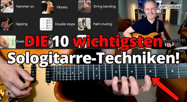 Lerne die 10 wichtigsten Sologitarre-Techniken, wie Hammer-ons, Tapping und Vibrato, mit diesen Finger-Techniken.