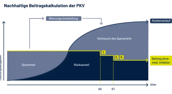 Grafik zeigt, wie sich die Kosten pkv mit dem Alter entwickeln. Ein Sparanteil deckt anfangs die Kosten, später der Risikoanteil.