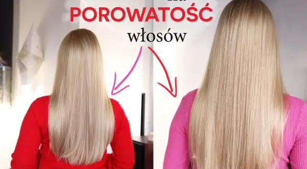 Test na porowatość włosów: porównanie efektów po zabiegu. Długie, blond włosy w czerwonym i różowym swetrze.