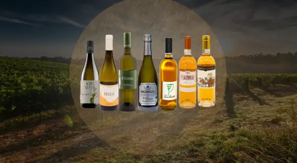 Selezione di bottiglie di vino bianco friulano, tra cui Sauvignon, Chardonnay e Prosecco, su uno sfondo di vigneti al tramonto.