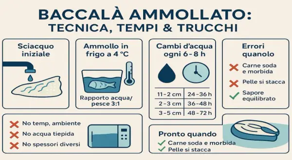 Guida per l'ammollo del baccalà: sciacquo iniziale, ammollo in frigo a 4°C, cambi d'acqua ogni 6-8 ore, tempi variabili per spessore. Evitare errori comuni.