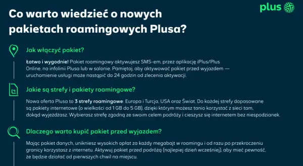 Planujesz roaming w Niemczech? Plus oferuje pakiety roamingowe na 3 strefy: Europa, USA i Świat. Aktywuj przed wyjazdem!