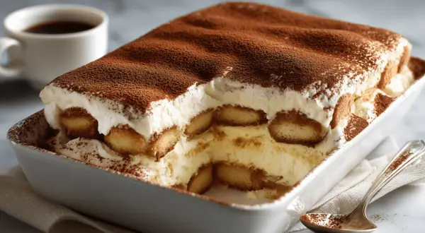 Un délicieux tiramisu sans café, crémeux et léger, saupoudré de cacao. Une gourmandise parfaite pour tous.