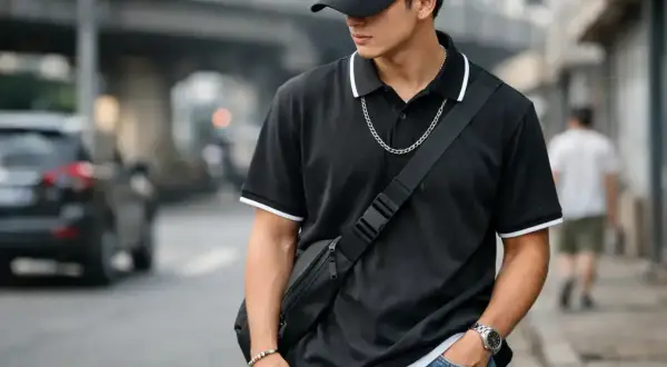 Junger Mann mit schwarzem Poloshirt, grauem Baseballcap und Umhängetasche.