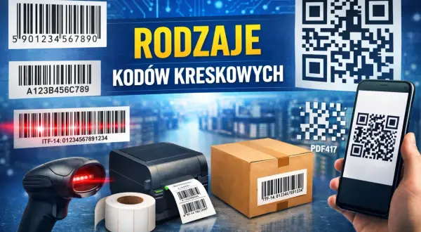 Różne typy kodów kreskowych: liniowe (EAN, ITF-14) i dwuwymiarowe (QR, PDF417). Skaner, drukarka, etykiety, paczka.