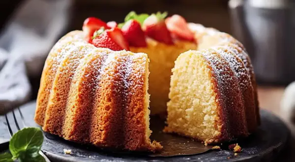 En saftig sockerkaka toppad med färska jordgubbar och pudrad florsocker. Perfekt som alternativ istället för socker i bakning.