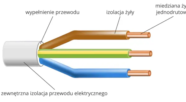 Przekrój kabla elektrycznego: miedziane żyły jednodrutowe, izolacja żyły, wypełnienie i zewnętrzna izolacja przewodu. To właśnie miedziane żyły przewodzą prąd.