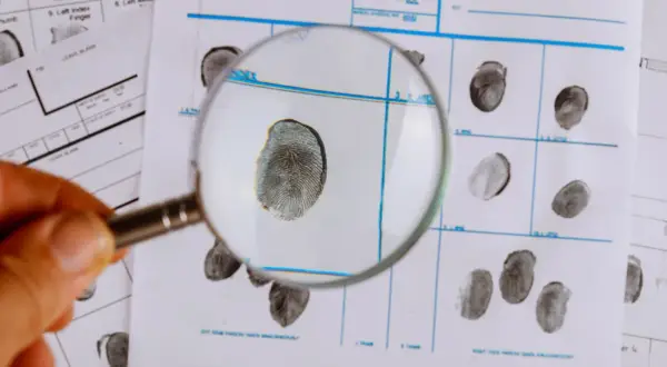 Lupe über Fingerabdrücken auf einem Formular, ein Detail für das kriminologie studium.