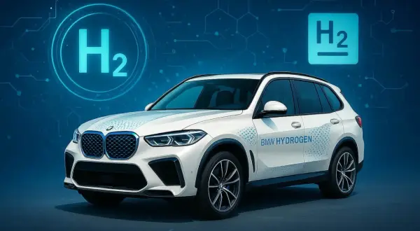 Biały BMW iX5 z napisem "BMW HYDROGEN" i symbolem H₂. Przyszłość motoryzacji na wodór.