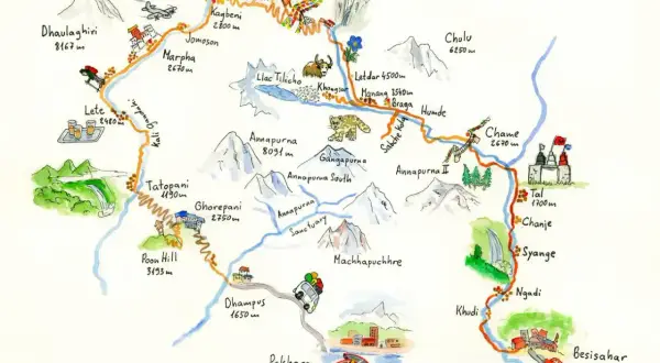 Ilustrowana mapa szlaku **Annapurna Circuit Trek** z zaznaczonymi górami, wioskami i atrakcjami.