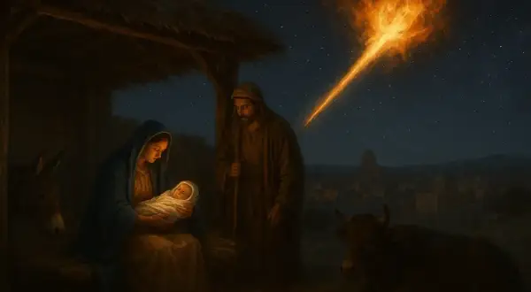Narodzenie Jezusa w stajni. Maryja tuli Dzieciątko, Józef czuwa. Nad Betlejem jaśnieje niezwykła gwiazda, być może gwiazda Remphana, zapowiadająca wielkie wydarzenie.