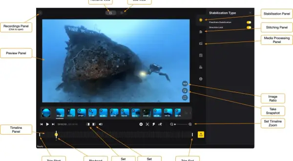 Interfaccia di Insta360 Studio con video di un subacqueo vicino a un relitto. Pannelli per editing, stabilizzazione e timeline.