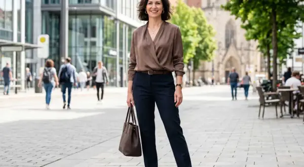 Eine Frau mit brauner Bluse und dunkler Hose steht lächelnd auf einer belebten Straße. Sie trägt eine braune Handtasche und braune Loafer. Ein breiter Typ von Stadtbild im Hintergrund.