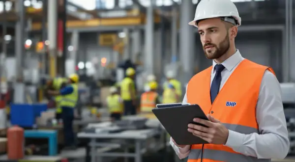 Inspektor BHP w kamizelce odblaskowej i kasku trzyma tablet na tle hali produkcyjnej.
