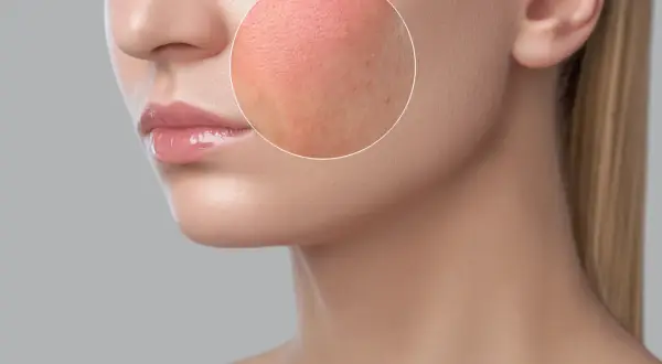 Gros plan sur une joue avec une tache rouge, montrant la texture de la peau et quelques imperfections.