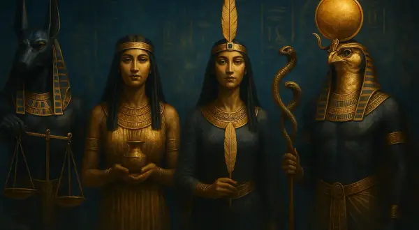 Postacie z mitologii egipskiej: Anubis z wagą, dwie kobiety, jedna z dzbanem, druga z piórem, oraz Horus z berłem.