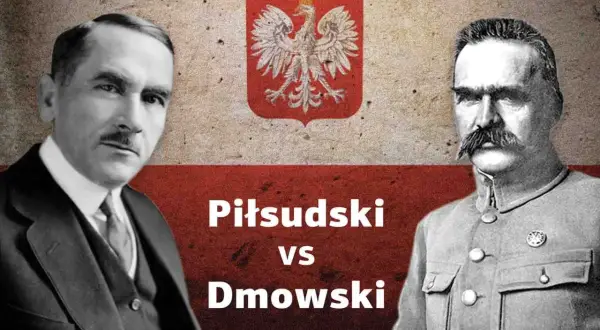 Portret Józefa Piłsudskiego i Romana Dmowskiego na tle flagi Polski.