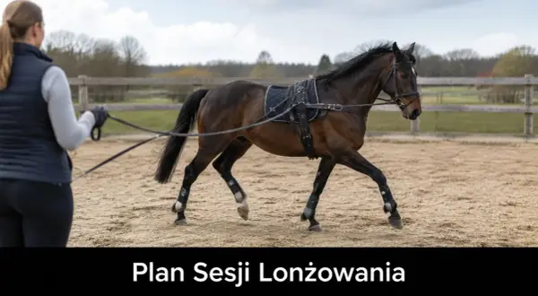 Trenerka prowadzi lonżowanie konia na piaskowej ujeżdżalni. Koń w siodle i ogłowiu biegnie po okręgu.