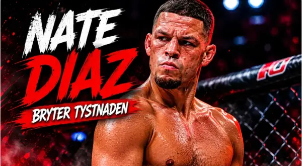 Nate Diaz, svettig och fokuserad, redo för sin nästa fight. Texten "BRYTER TYSTNADEN" antyder en kommande händelse.