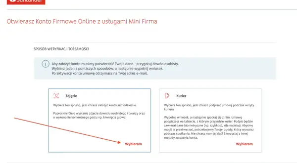 Otwierasz konto firmowe online bez kuriera. Wybierz weryfikację zdjęciem lub kurierem.