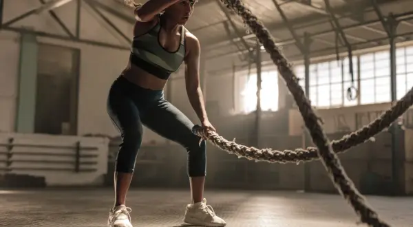 Donna concentrata durante un intenso allenamento con la corda in una palestra.