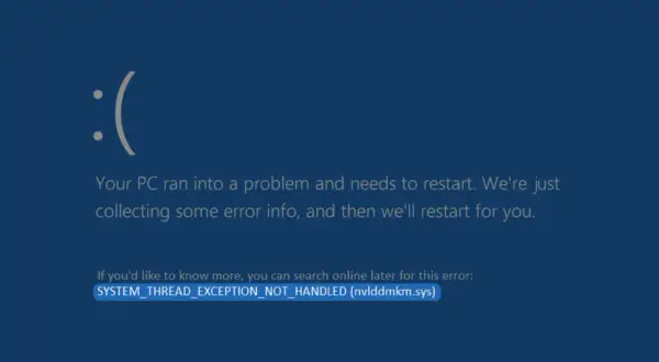 Niebieski ekran śmierci Windows z komunikatem o błędzie SYSTEM_THREAD_EXCEPTION_NOT_HANDLED (nvlddmkm.sys), wskazującym na problem z wideo tdr failure.