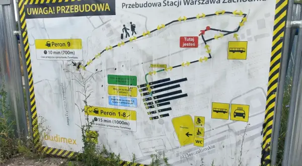 Mapa tymczasowa przebudowy stacji Warszawa Zachodnia. Informuje o trasie do Peronu 9 (10 min) i Peronów 1-8 (15 min).