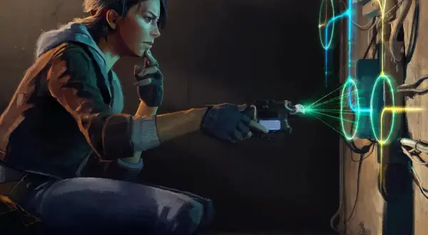 Alyx Vance z Half-Life: Alyx na PS5 manipuluje energią za pomocą swojego pistoletu, tworząc zielone wiązki światła.