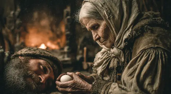 Babcia trzymająca jajko, by zdjąć urok z dziecka. W tle ogień.