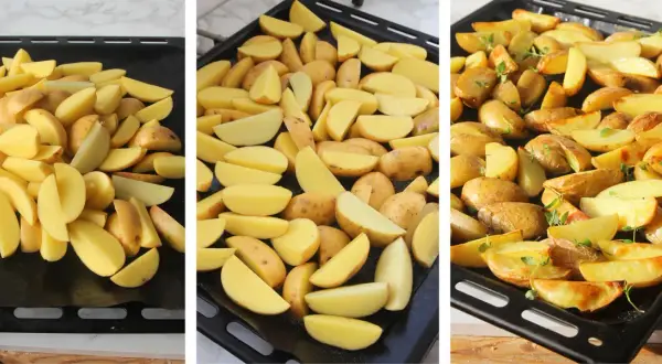 Klyftpotatis i ugn, från rå till gyllene och färdig att servera. Enkel och god rätt.