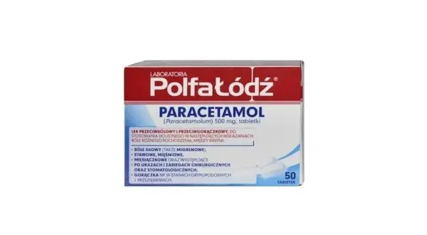 Opakowanie leku Polfa Łódź Paracetamol 500 mg. Czy paracetamol jest przeciwzapalny? Lek jest przeciwbólowy i przeciwgorączkowy, stosowany m.in. na bóle głowy, stawowe, mięśniowe.