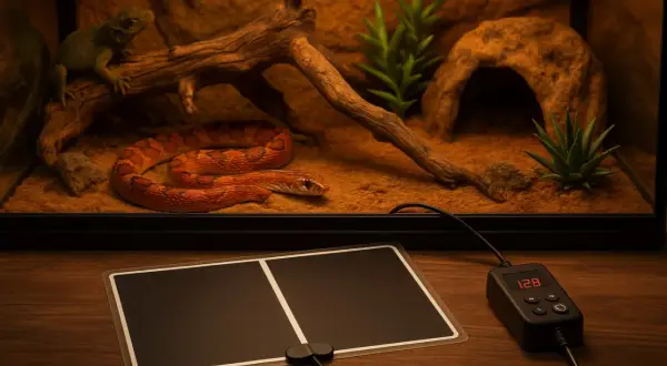 Terrarium z wężem i jaszczurką, obok mata grzewcza z termostatem.