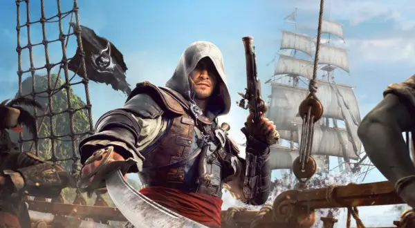 Piracki kapitan z pistoletem i szablą, na tle żaglowca i czarnej flagi. Wygląda jak z gry **black flag remake**.