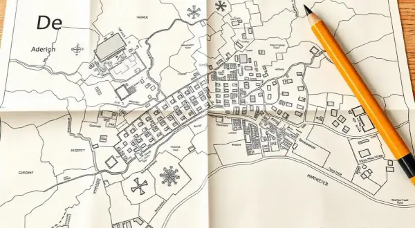 Mapa zasadnicza działki z zaznaczonymi budynkami, drogami i rzeką. Obok leży żółty ołówek.