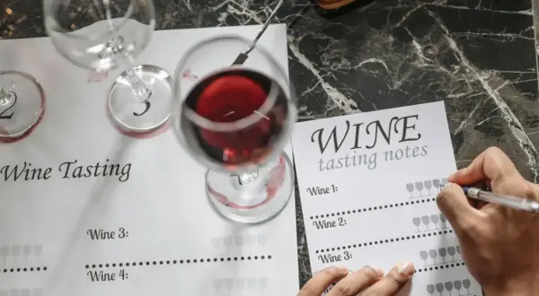 Degustacja wina: notatki z degustacji, kieliszki z czerwonym winem i formularz do zapisywania wrażeń.