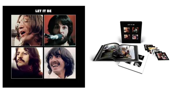 The Beatles Let It Be (Remastered 2009) box set. Okładka z portretami Johna, Paula, George'a i Ringo. Otwarta księga i płyty.