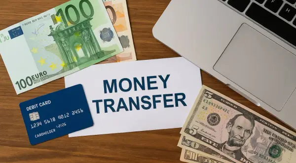 Karta debetowa, banknoty euro i dolary obok napisu "MONEY TRANSFER" i laptopa. Transakcja na 20 GBP?